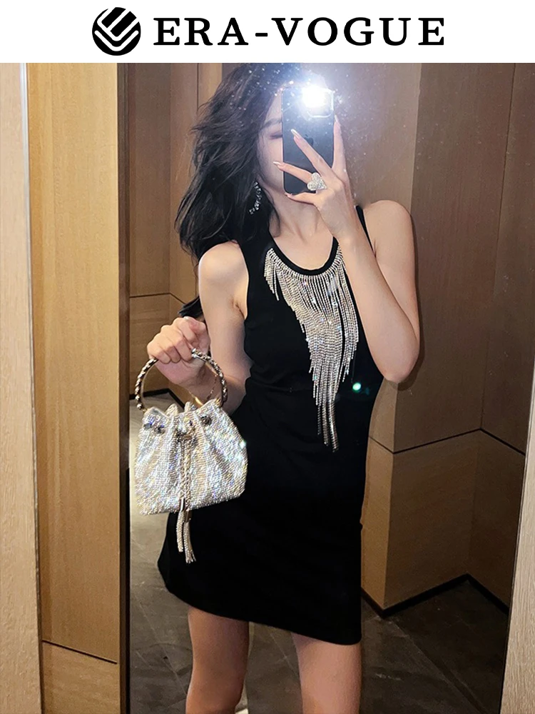 Summer new women's fashion temperament tassel slim black dress small hip skirt