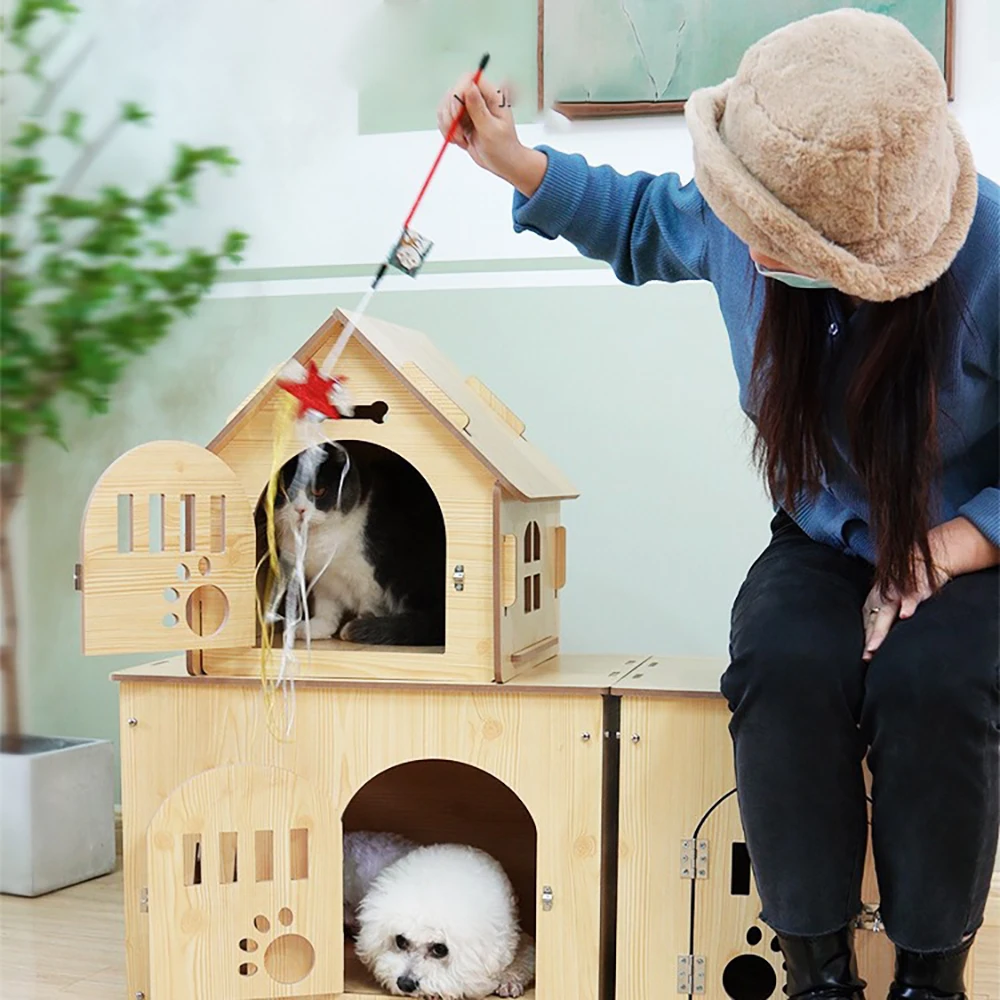 Sarang hewan peliharaan rakitan rumah anjing kucing DIY hewan peliharaan rumah kandang anjing kucing persegi panjang cuci melindungi 2025 keluarga