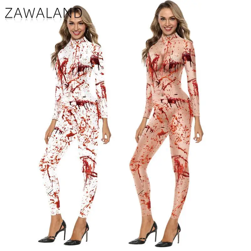 Zawalan Halloween Frauen Blutfleck 3D-Druck Cosplay Kostüm Erwachsenen Zentai Body suits Fitness Langarm Jumps uit Party Outfit