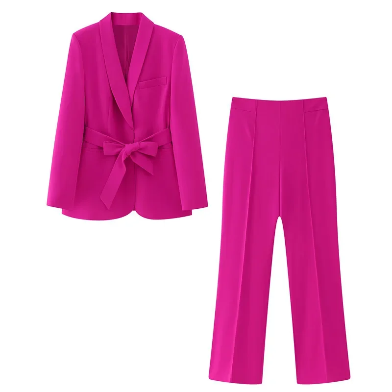 White Women Suit Loose Formal Blazer With Belt Pants Elegant Female Business Work Wear Office Lady Jacket Coat Trousers