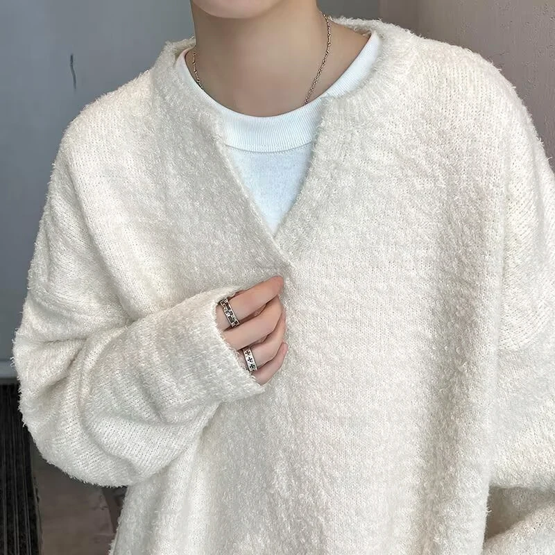 Plain Color Men's Premium V-Neck Knit Sweater Autumn Winter Streetwear Soft Loose Fit Pullover for Luxe Casual Style M-XXXL