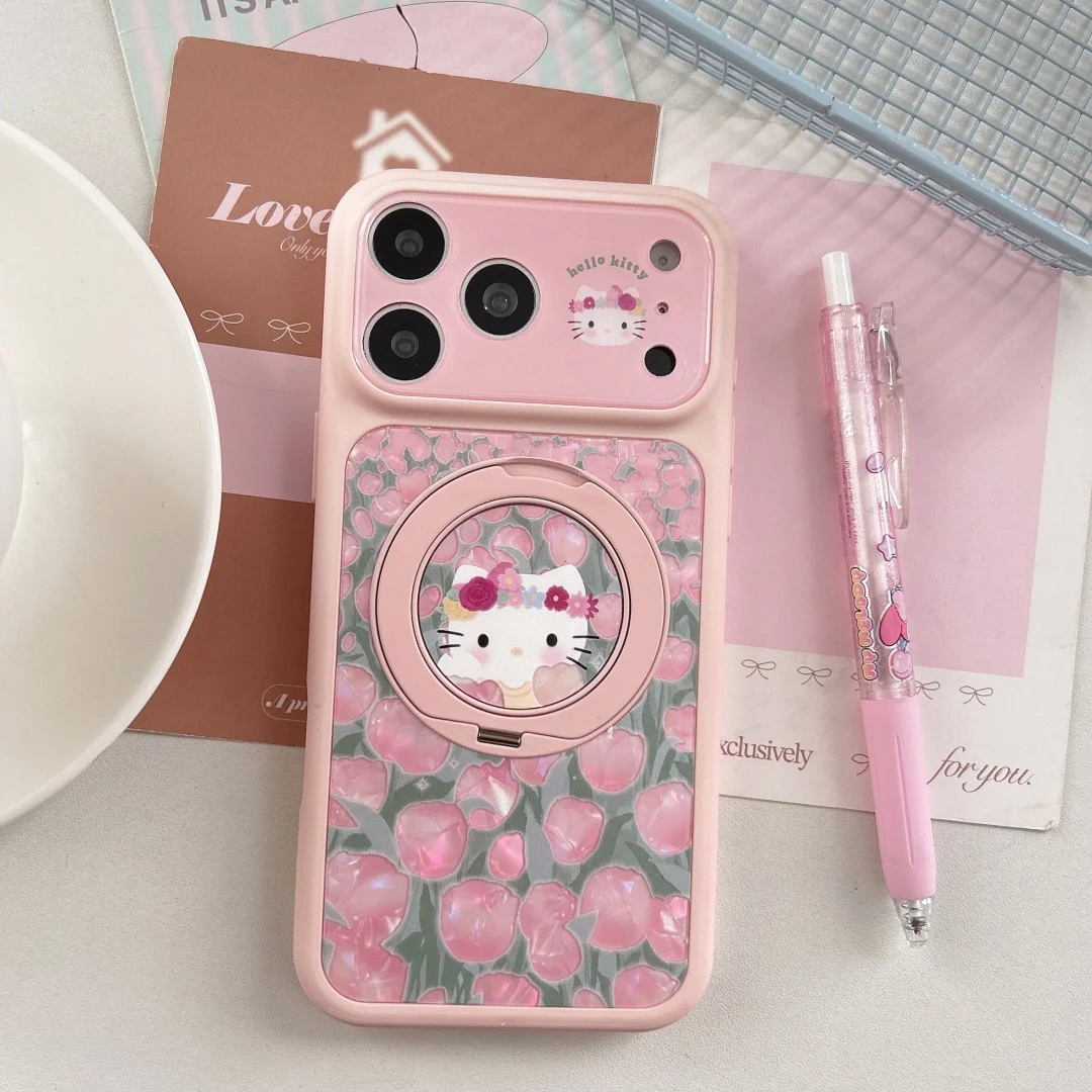 

Cartoon Full Screen Flower KT Magnetic Stand Phone Case For iphone 17 16 15 Pro Max For Magsafe Wireless Charge Shockproof Cover