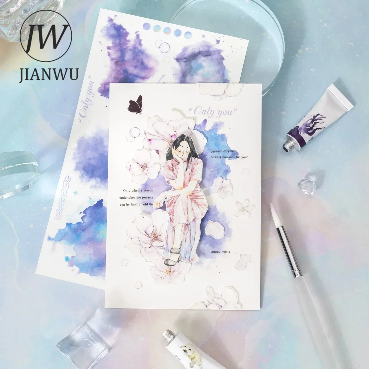 JIANWU The Glass Is Full of Color Series Literary Watercolor Material Collage PVC Transfer Sticker Creative Journal Stationery