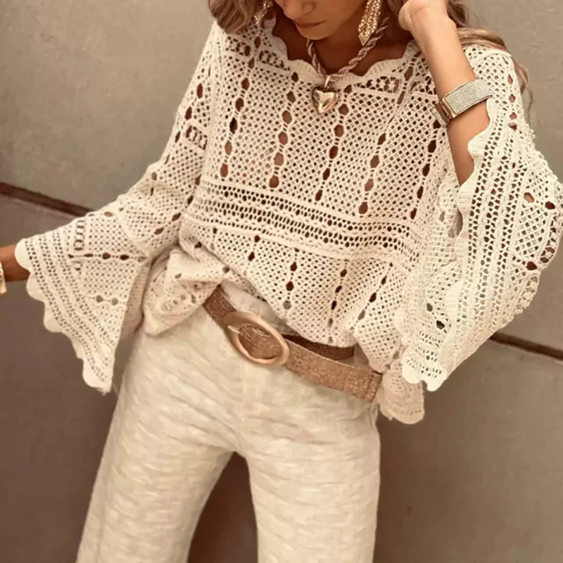 

Spring Summer Lace Crochet Women's White Shirts 2024 New Hollow Out Beach Bohemian Cover Up Tees Female Long Sleeve Knitted Tops