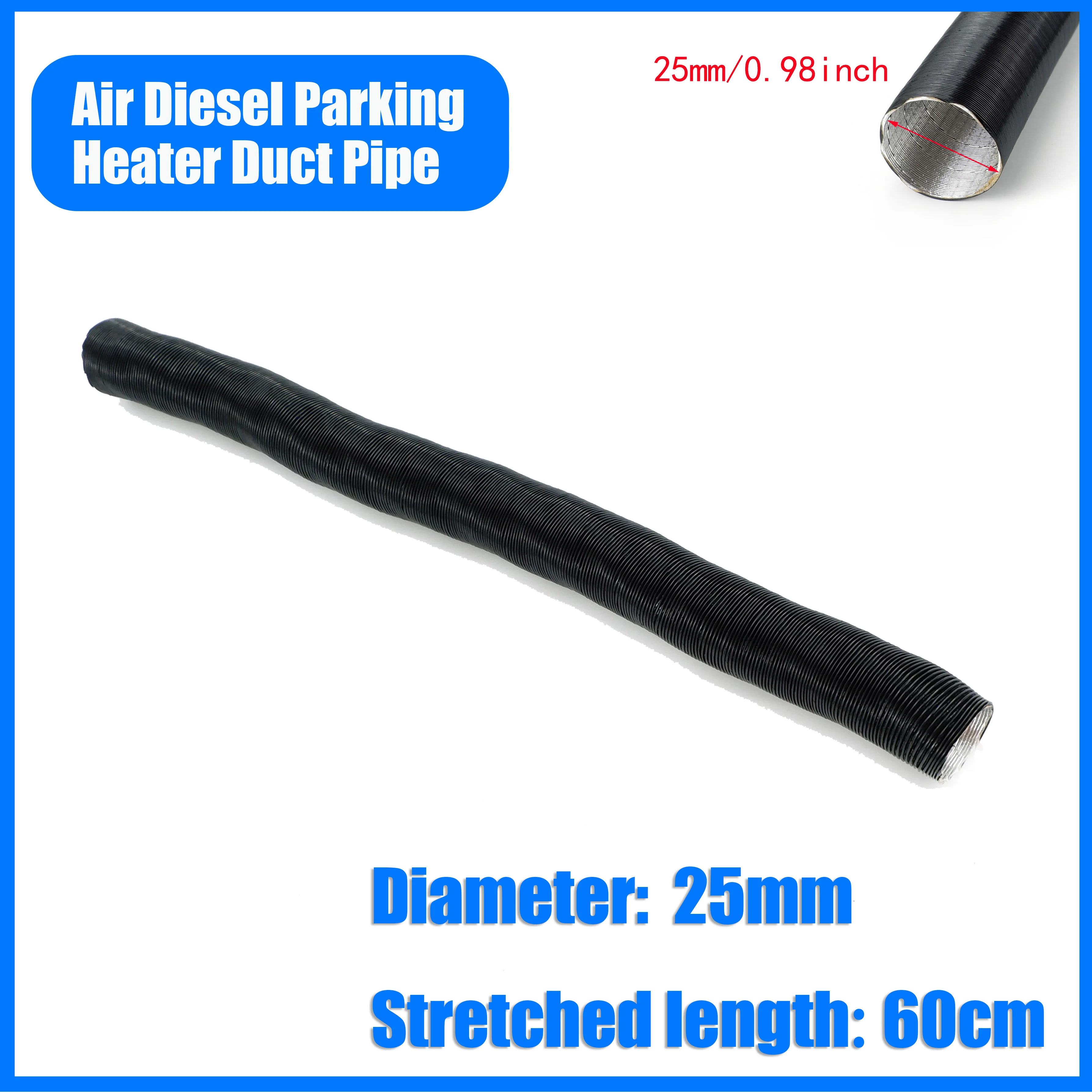 25mm Stretched Length 60cm Air Heater Duct Pipe Tube Hose Line Diesel Parking Heater Black For Webasto Eberspacher Propex