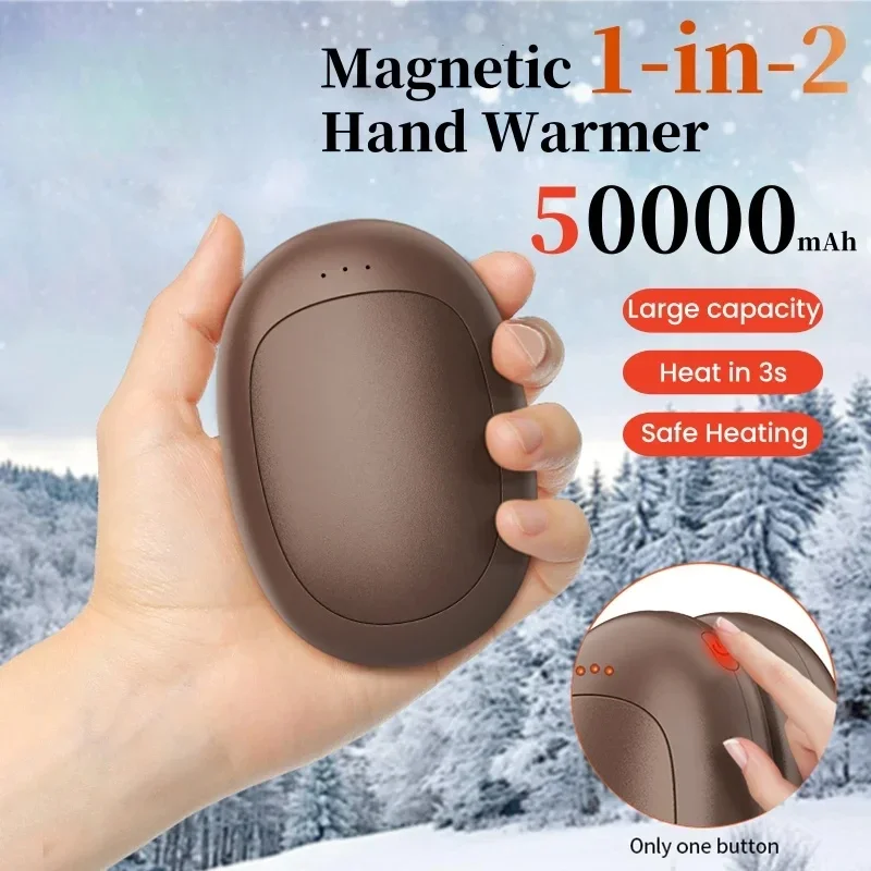 1/2 Magnetic Hand Warmer 50000mAh Large Capacity Portable Hand Warmer USB Rechargeable Hand Warmer for Camp Skiing Trips