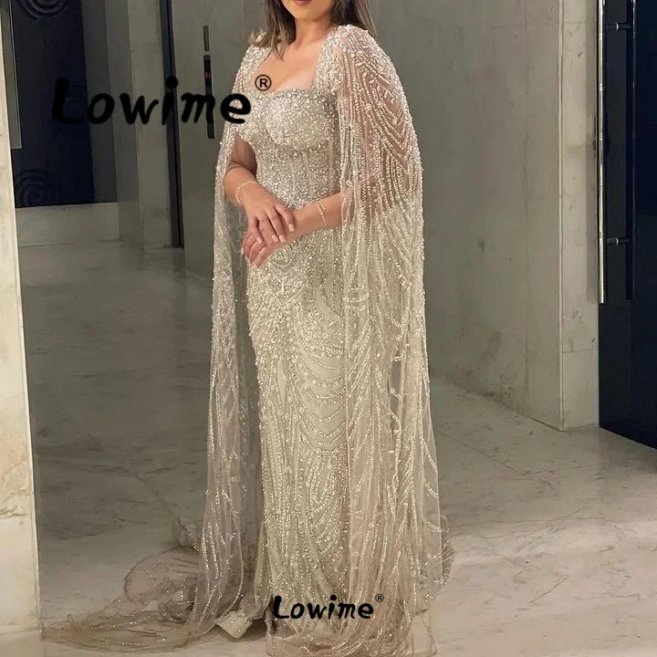 Silver Crystal Dubai Design Evening Dresses Cape Sleeves Full Beaded Long Middle Party Dress Muslim Celebrity Dresses Prom Gowns