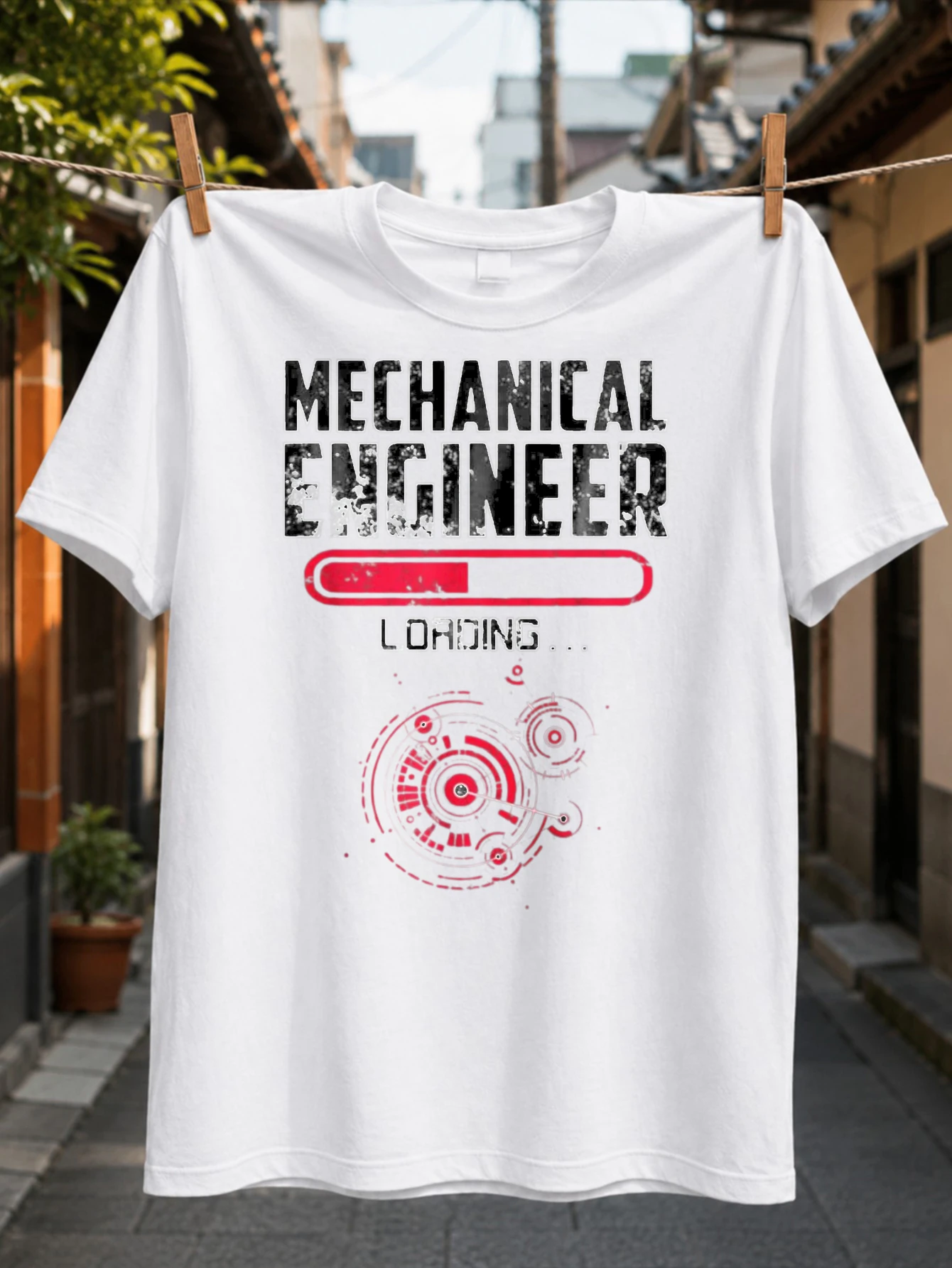 Mechanical Engineer Loading Distressed Text with Red Loading Bar and Futuristic Interface Graphics  Unisex All T-Shirt
