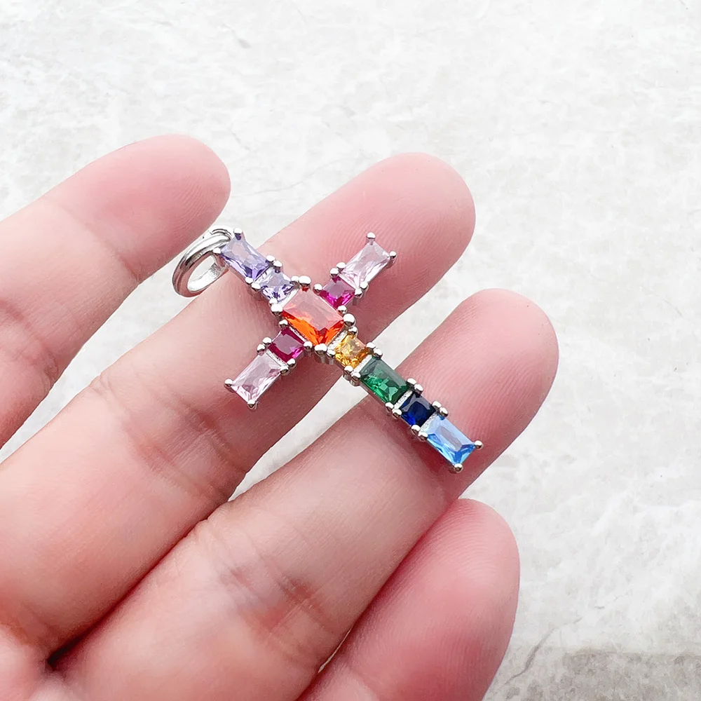 Pendant Cross with Colourful Stones Brand New Fine Jewelry Europe Style 925 Sterling Silver Accessories Bohemia Gift For Women