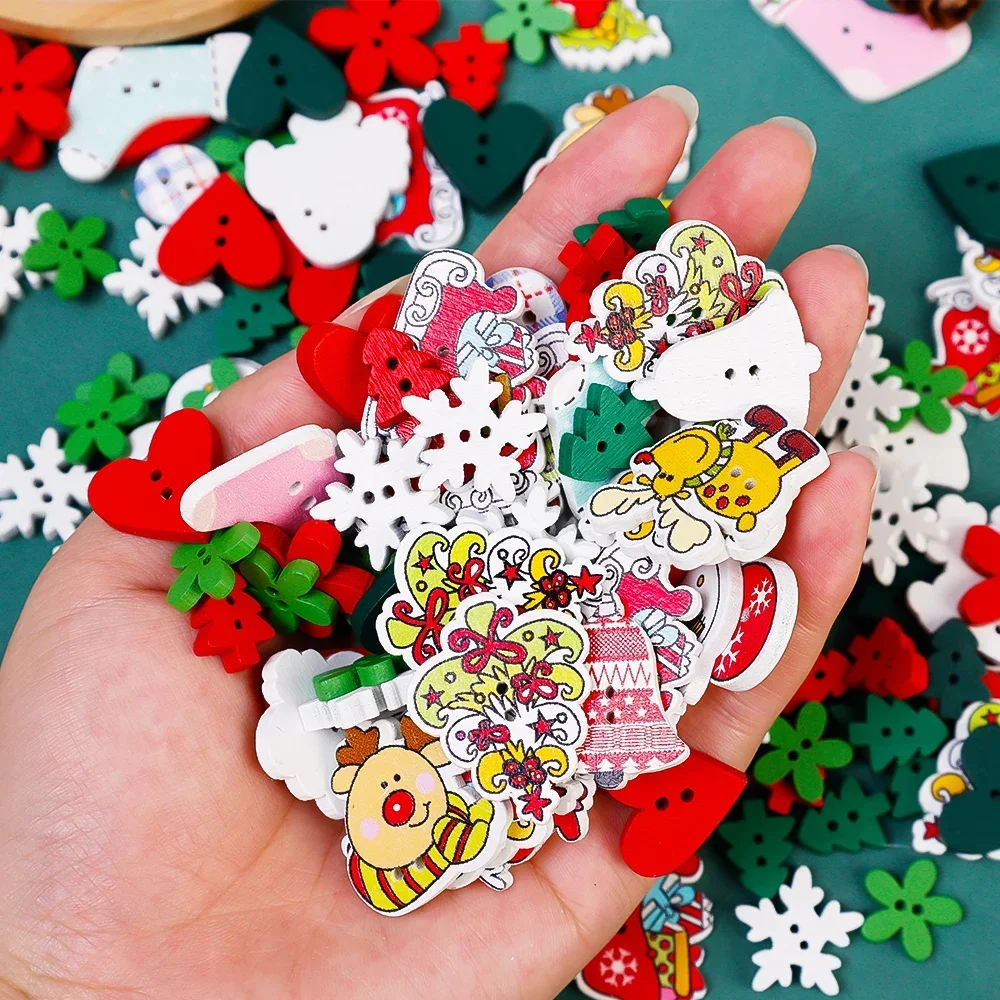 50-150pcs Christmas Wooden Buttons Ornament Decorative Clothing Sewing with 2 Holes Claus Snowflake Cutout Slices DIY Handcraft