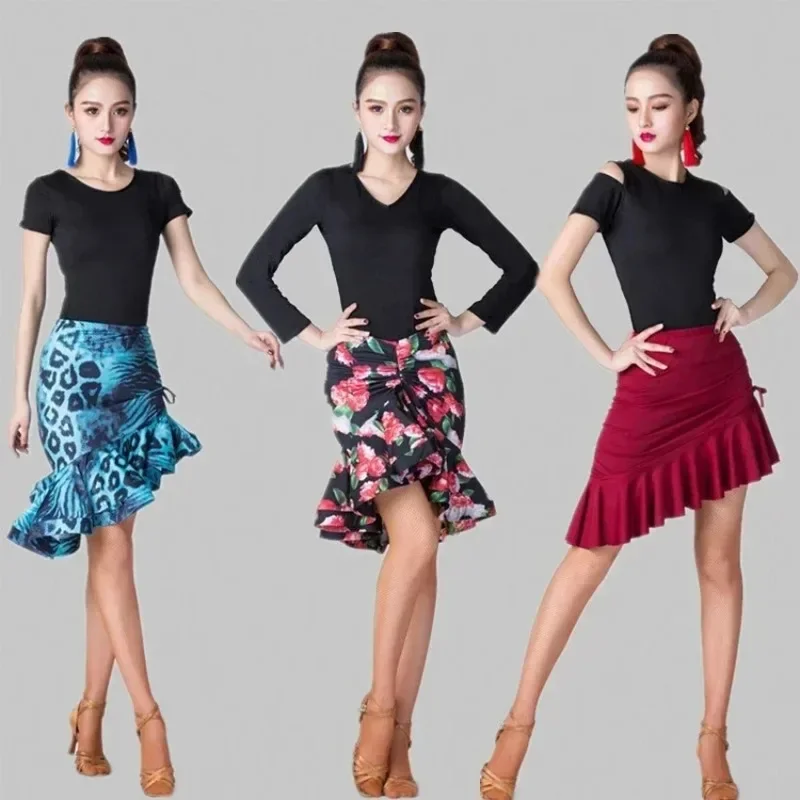 Leopard Print Women Classic Latin Dance Costumes Asymmetrical Ruffle Mermaid Skirt Lady  Tango Rumba Dress