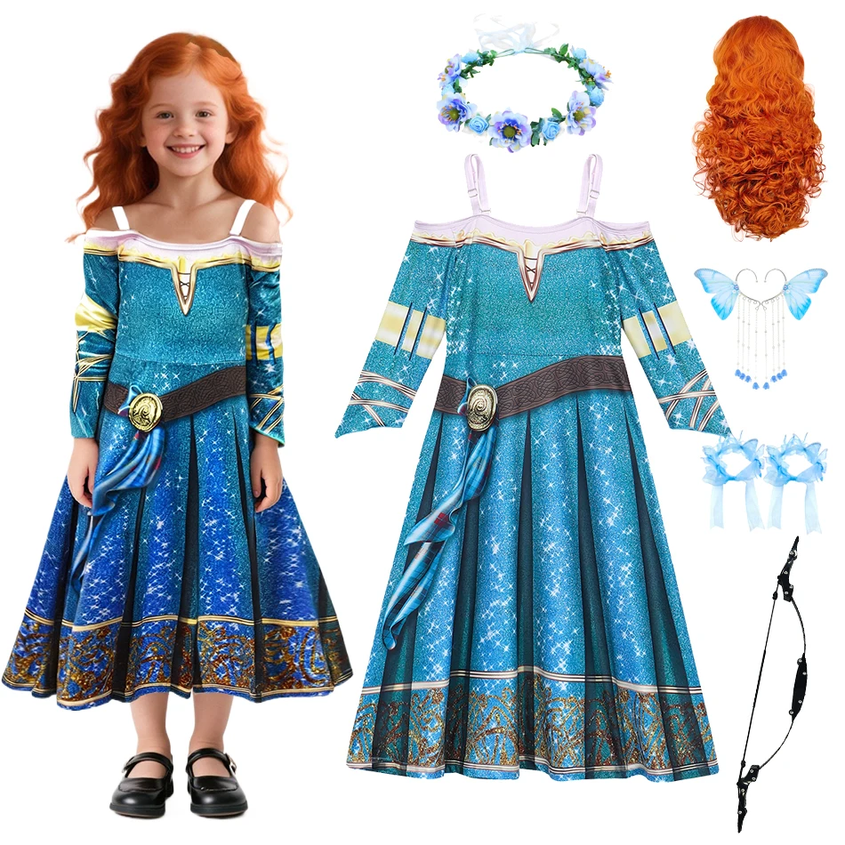 Halloween Girls Merida Dress Brave Performance Costume Girls Spring and Summer Printed Off-shoulder Dress Carnival Clothes