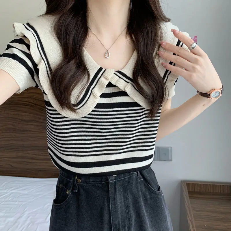 Striped Short Knitted Shirt Summer New Short Sleeve All-match Patchwork Contrast Sweet Tops Tees Vintage Fashion Women Clothing