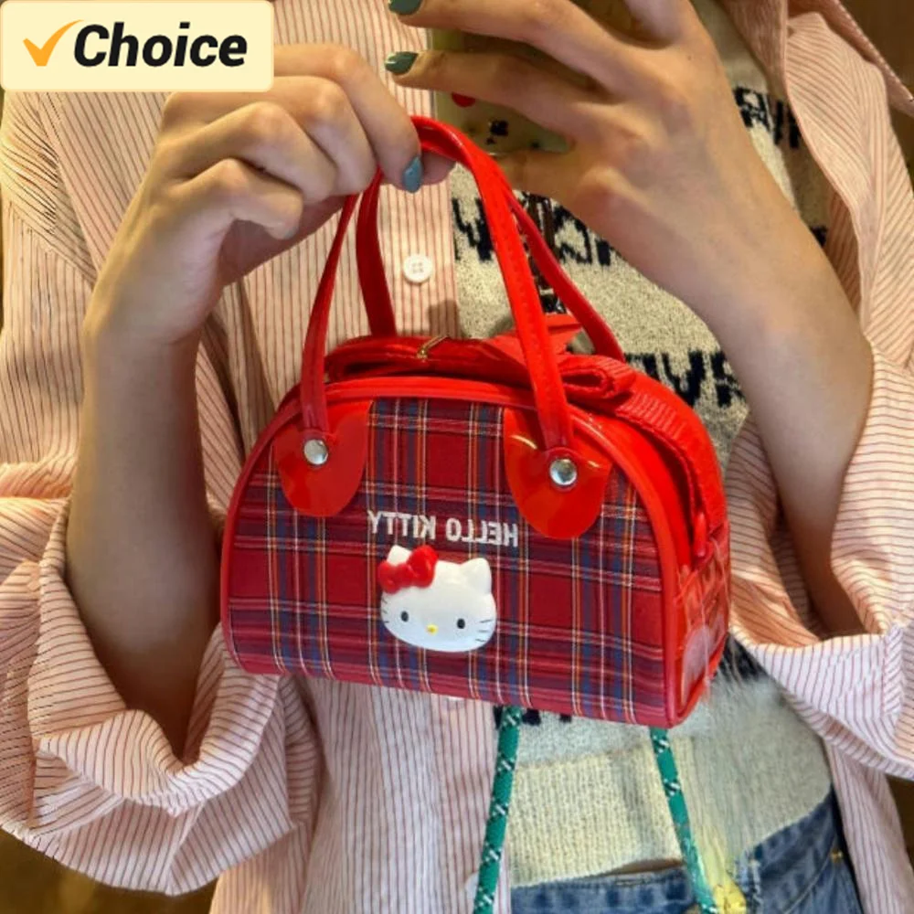 

Sanrio Hello Kitty Women's Shoulder Bag Cartoon Fashion KT Tote Bag Girls Retro One Shoulder Checkered Bag Commuter Bag Gift