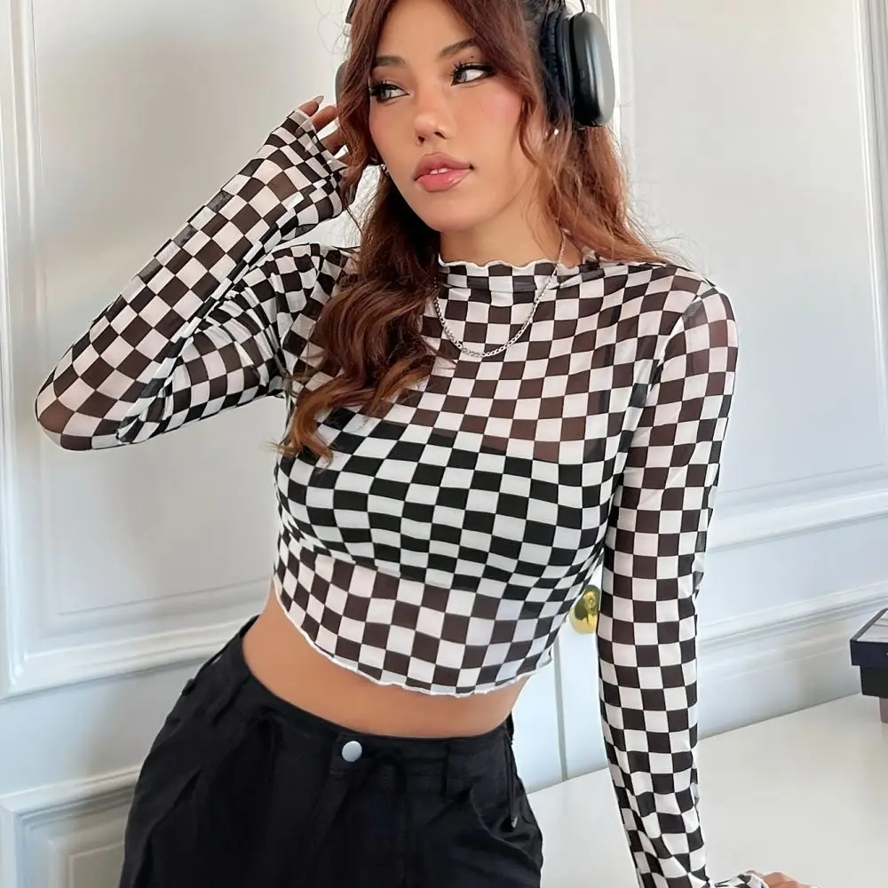 Womens Mesh Checkerboard Long Sleeve T Shirt Spring Slim Fit Half High Collar Pullover Casual Fashion Base Layering Top