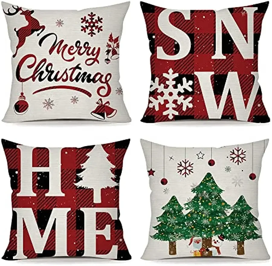 Funda de almohada cuadrada de lino para Navidad, decoración al aire libre, hugger, cuadros, temporada de vacaciones