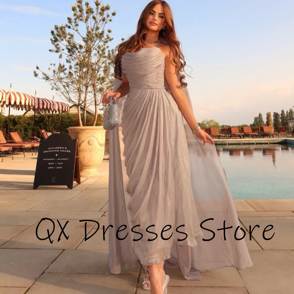 맞춤형 Strapless 간단한 쉬폰 드레이프 이브닝 드레스 백리스 스윕 트레인 파티 드레스 민소매 발목 길이 댄스 파티 드레스