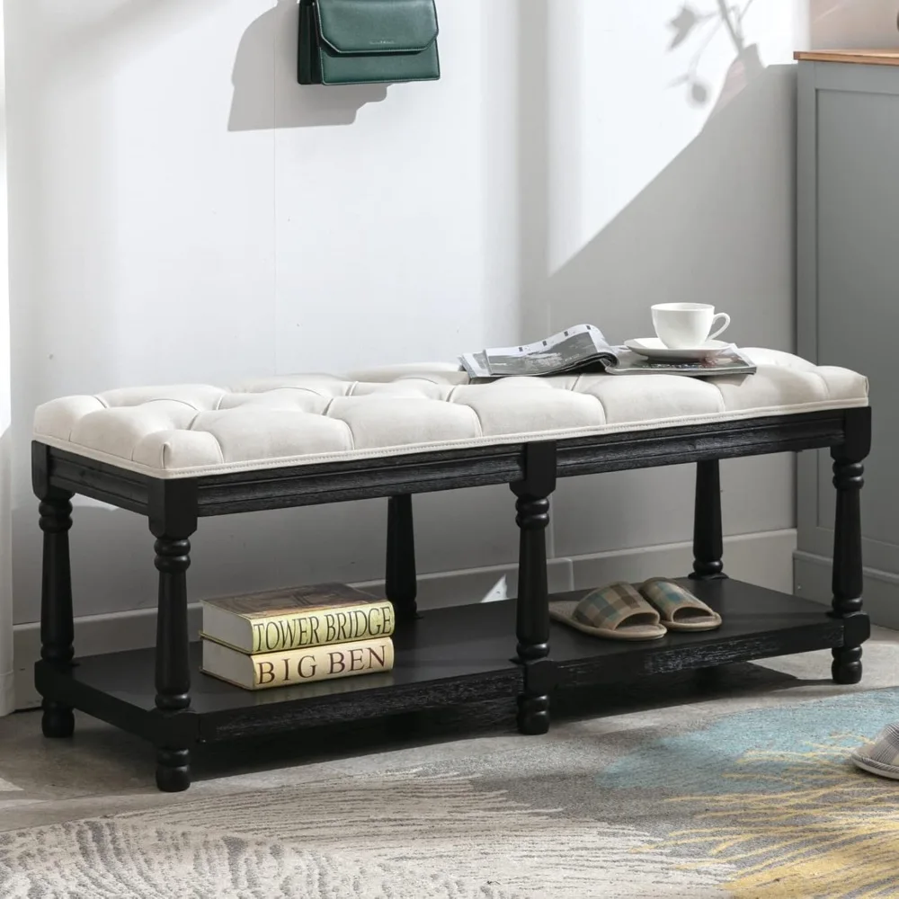 Storage Upholstered Bedroom Bench for End of Bed Wooden Entryway Bench Tufted Padded Bench Seat for Farmhouse