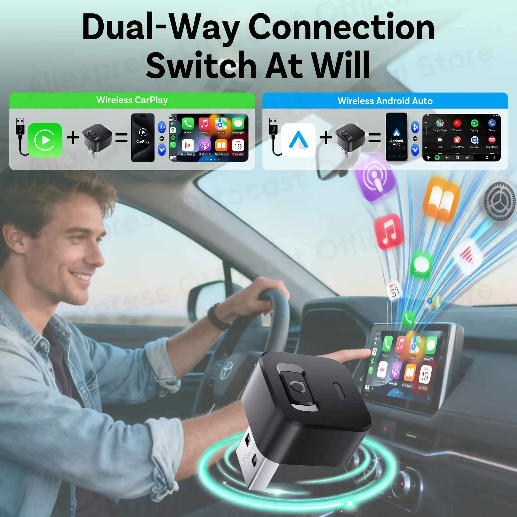OTTOCAST Tiny Wireless CarPlay Android Auto Adapter Mini Dot Dongle Car Accessories for Ford Toyota Chevrolet Honda Nissan Kia