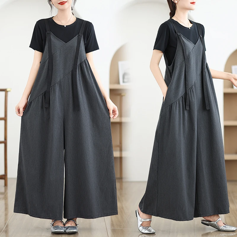 

Повседневный полосатый комбинезон с широкими штанинами, длинные брюки с высокой талией, осенняя мода, женская одежда больших размеров, комбинезоны нестандартной формы