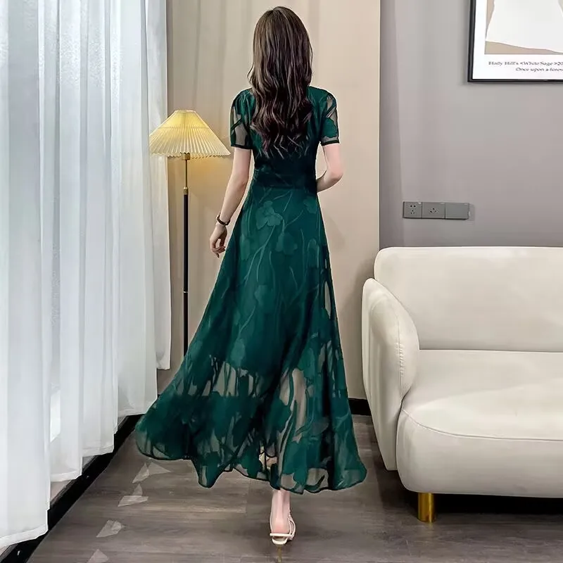 Vestidos de noche Vestidos para mujer Vestido recortado de gama alta Vestido largo de temperamento suelto con cintura de manga corta para primavera y verano para mujer