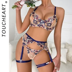 Toucheart Sexy Lingerie Set Multicolor Embroidery Mesh Perspective Bra Set For Women Hollow Metal Decoration Sexy Underwear Suit