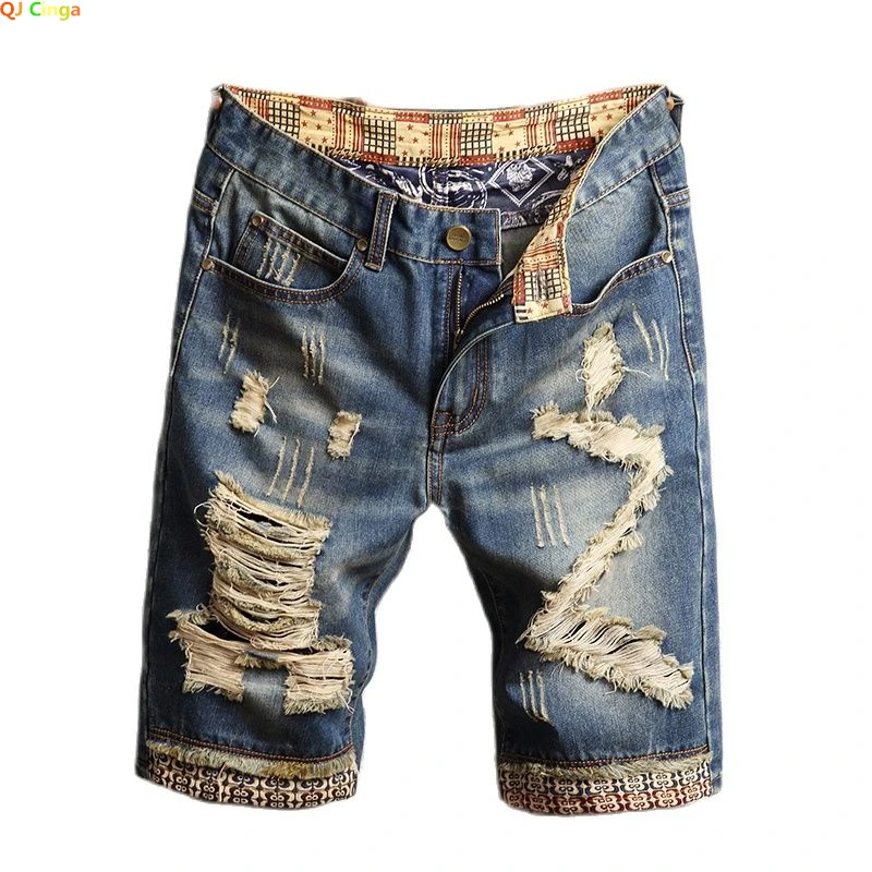 

2024 Summer New Men Vintage Ripped Jeans Short Streetwear Hole Slim Denim Shorts Male Brand Clothes Size 28-30 31 32 33 34 36 38