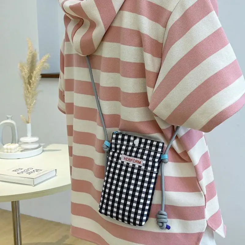 

Fashion Sweet Plaid Crossbody Bags Portable Mobile Phone Purse Adjustable Strap Phone-bag Canvas Money Bag Teens
