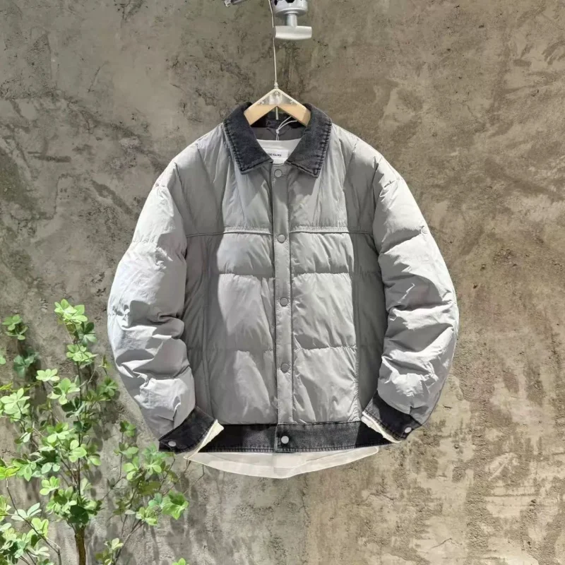 

Зимняя мужская куртка из денима с эффектом двухслойности, с наполнителем из белого утиного пуха, с отложным воротником, однотонная, модный дизайн.