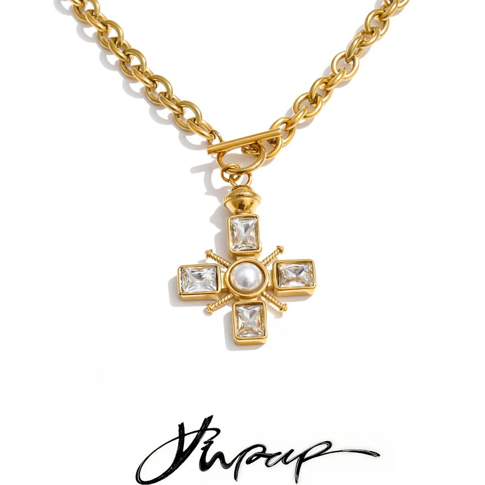 Yhpup Edelstahl-Halskette mit Perlen und Zirkonia-Kreuz, klassischer Anhänger, angesagter Stil, zarter, stilvoller, schicker Schmuck