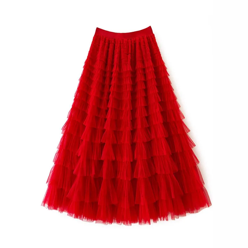 

Spring Summer European And American Hot Selling Mesh Patchwork Tiered Midi Skirt Long Skirt Fashion Trendy Elegant Stylish Women