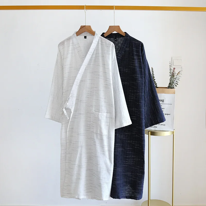 Spring And Summer New Style Japanese Kimono Men\'s Bathrobe 100%Cotton Striped Nightgown Plus Size Yukata Home Sweat Steaming Set