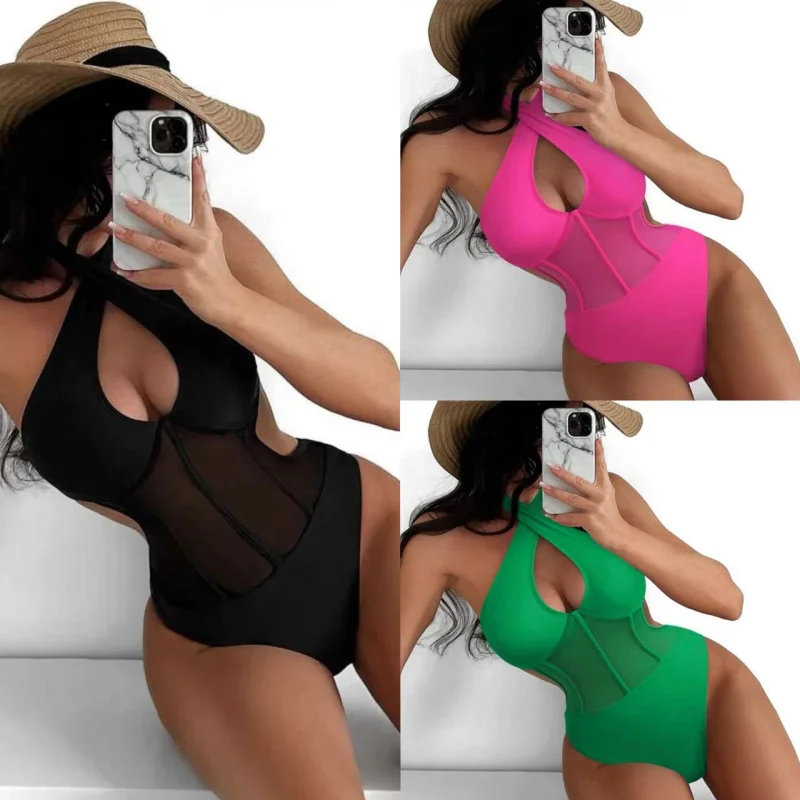 

New sexy ribbed one-piece swimsuit with mesh accents bikinibikini