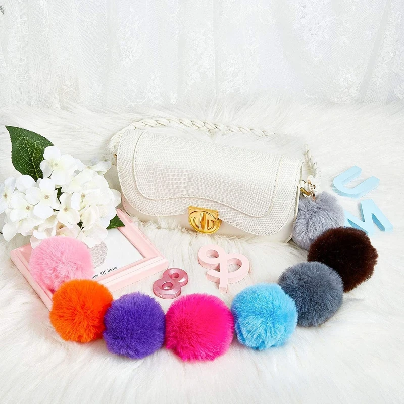 50-piece Set Pom Pom Keychain Fluffy Faux Fur Pompoms Keychain with Split Ring and Keyrings for Bag Charm Accessories