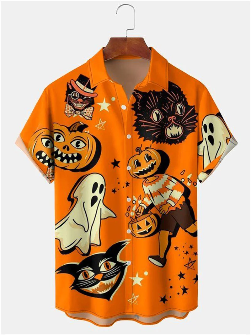 

Men's Fashion Halloween Shirt Summer Cute Style Men's Clothing Party Holiday Men Top Pumpkin Head Print Boys' Short Sleeve Shirt