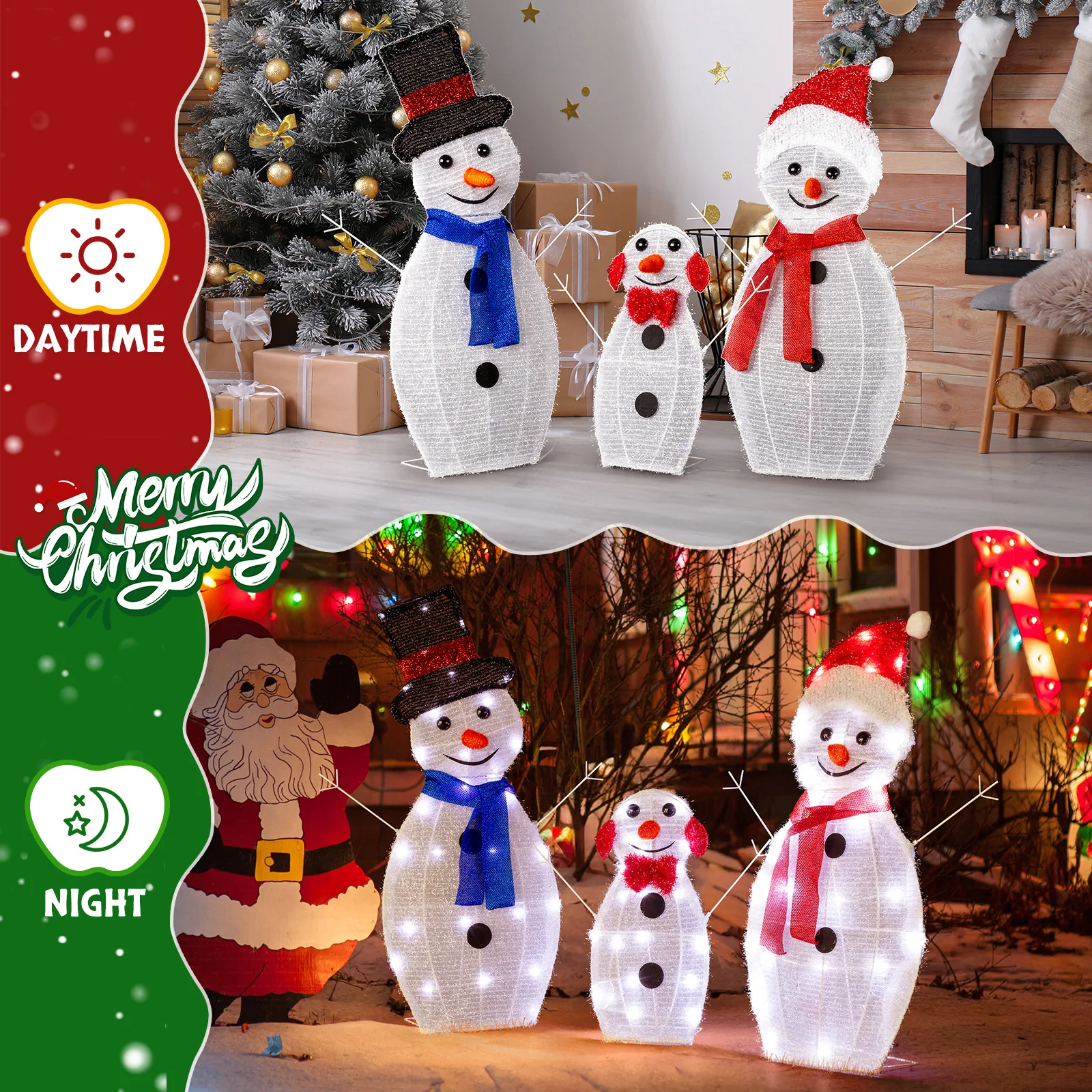 Lighted Snowman Christmas Yard Decorations, Set of 3 Pre-lit 2D Snowman Family with 80 LED White Lights and Stakes