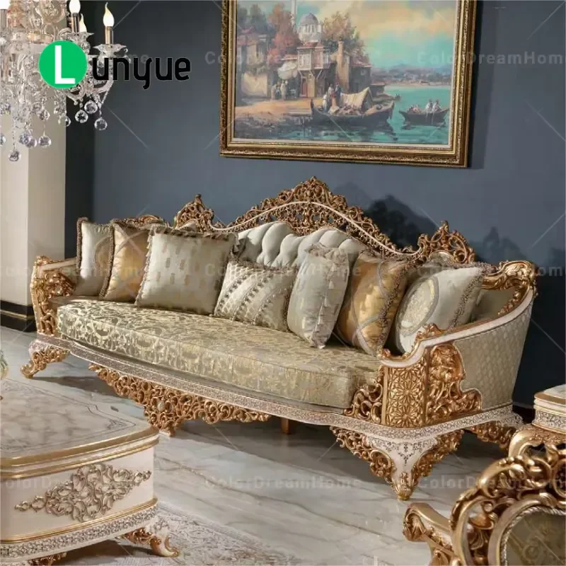 Luxury Royal Turkish Style Sofa Set Wooden Hard Carved Living Room Furniture Elegant Classic Design for Home Decor