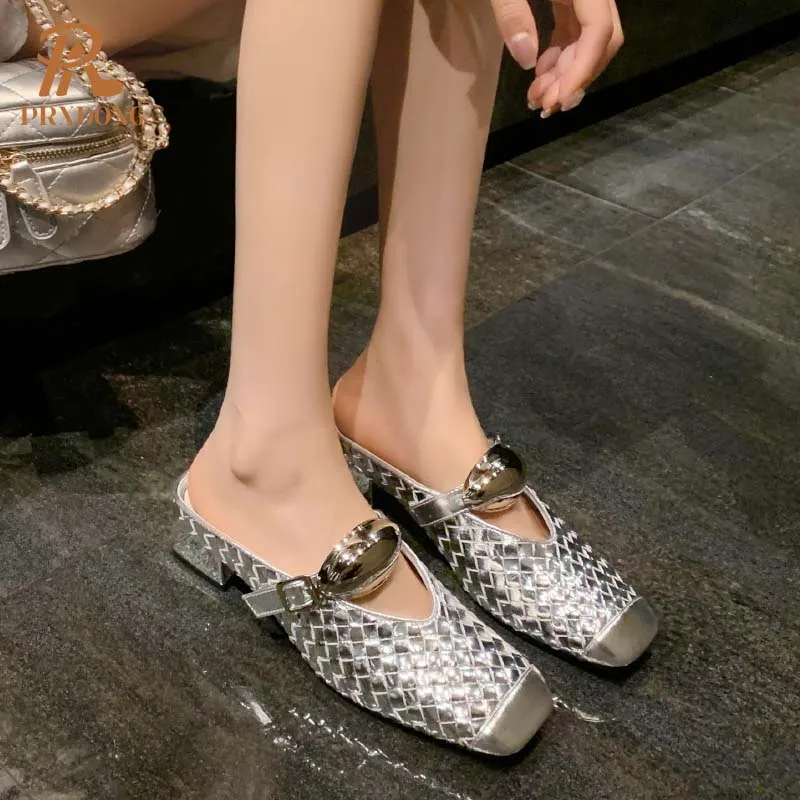 PRXDONG Women Shoes New Brand Summer Quality Med Heels Open Toe Gold Silver Dress Party Casual Lady Sandals Slippers Size 34-40