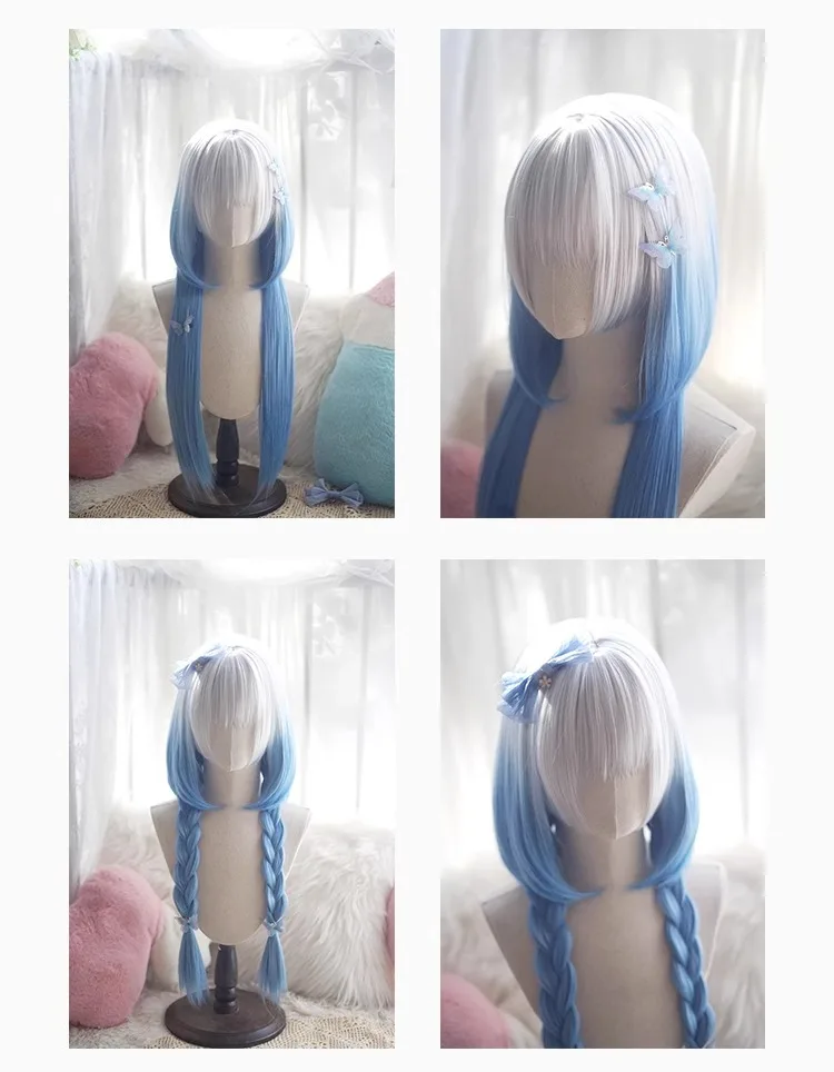 Y2K Lolita Pruik Vrouwelijke Blauw en Wit Hoogtepunten Cosplay Pruik Hittebestendige Synthetische Kwallen Hoofd Pruiken