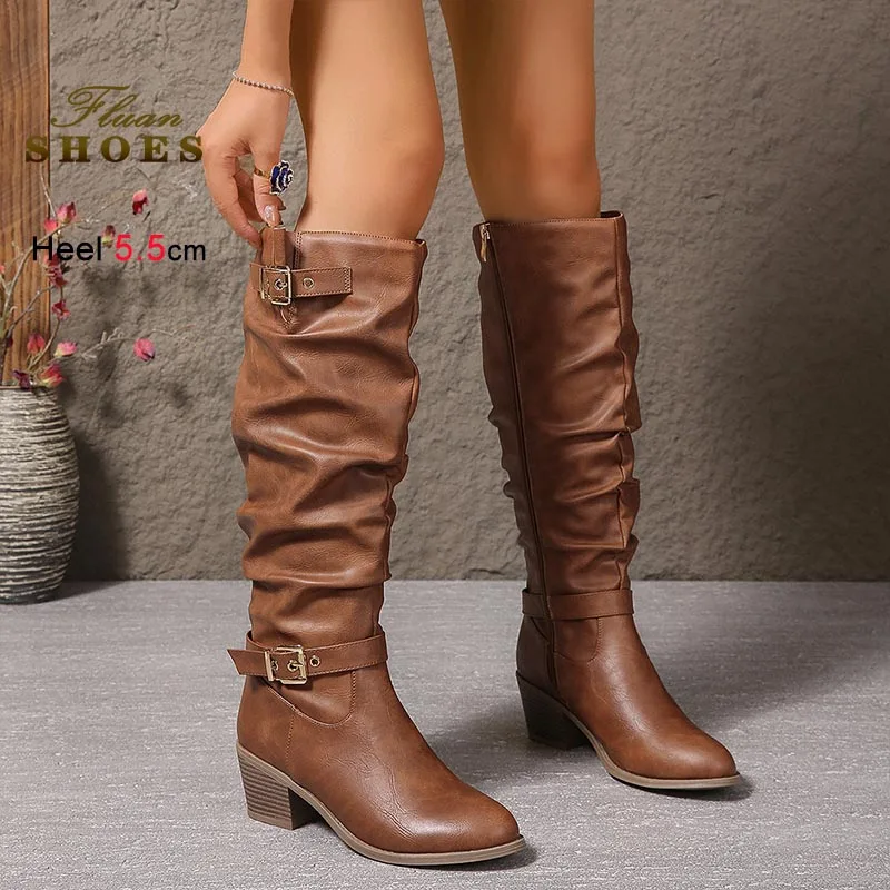 

Coarse Heel High-top Knee Length Boots Large Size Women Shoes Fashion Side Zipper Round Toe Long Boots High Heels Knight Boots