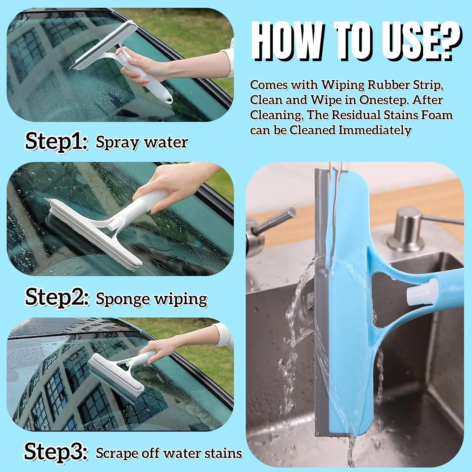 Three in one glass scraper, multi-function manual glass scraper, with scraper and spray bottle, for spray, cleaning and scraping, suitable for windows, car windscreens, mirrors, bathrooms, accessories and cleaning equipment