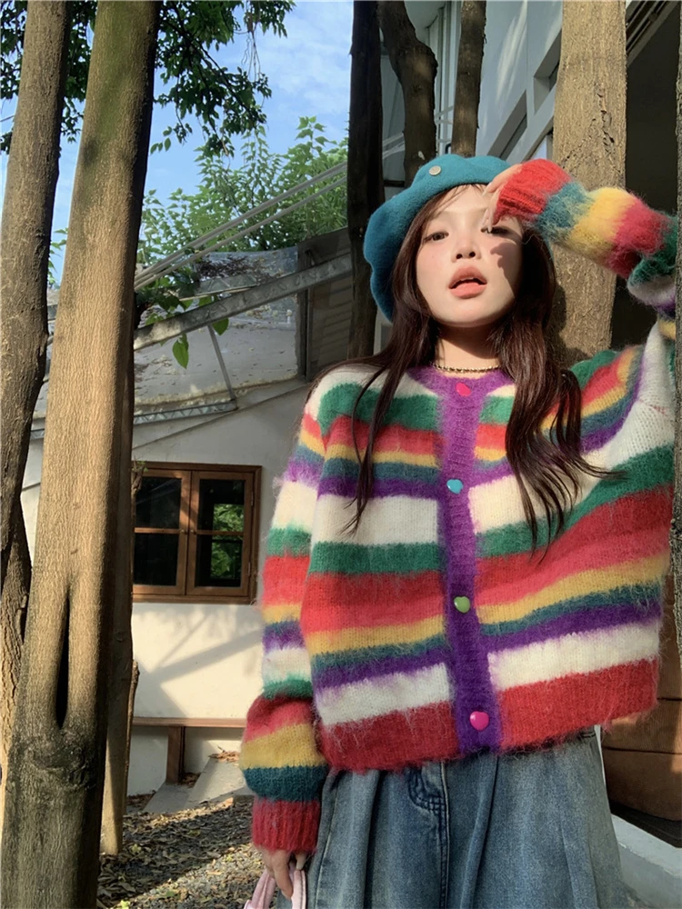 New 2024 Sweet Colorful Knitting Sweater Streetwear Autumn Winter Fashion Casual Cute Korean Sweater Pullover Women Thick Tops