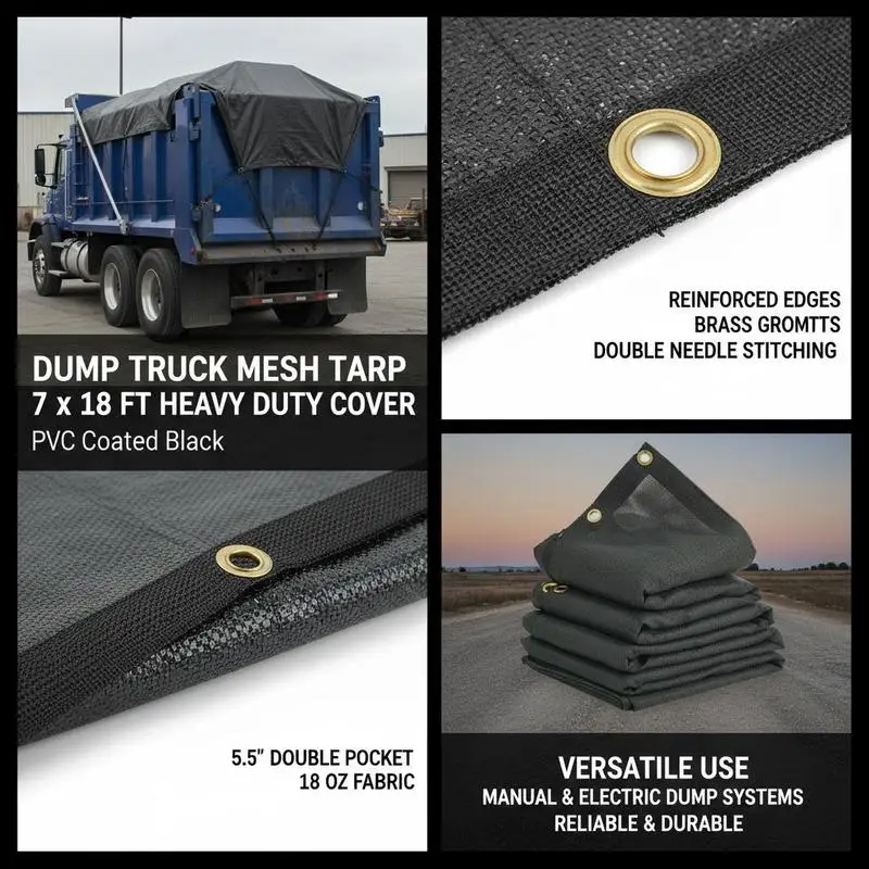 Free Shipping-PVC Coated Netting Cover 7 x 18 ft For Debris Hauling Waste Transport Gravel Delivery, 5.5 Inch 18oz Double Pocket Brass Grommets Reinforced Double Needle Stitch Webbing Manual Electric Dump Truck System Accessory view 6