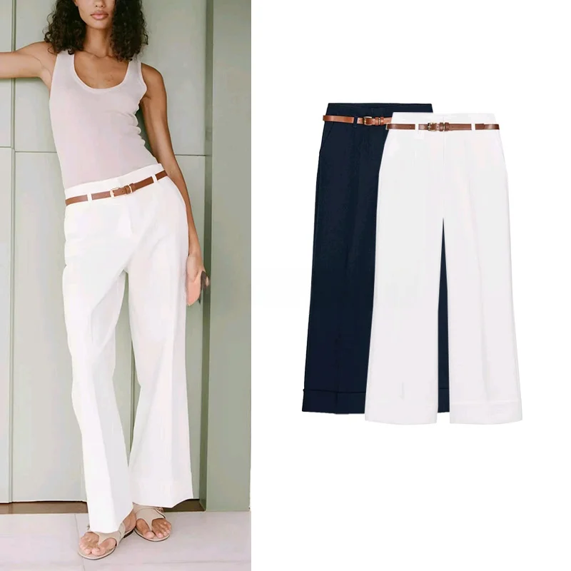 Summer Women's High Waist Casual Pants with Belt Simple Cuffed Hem Straight Leg Long Trousers Commute Style Polyester Fiber