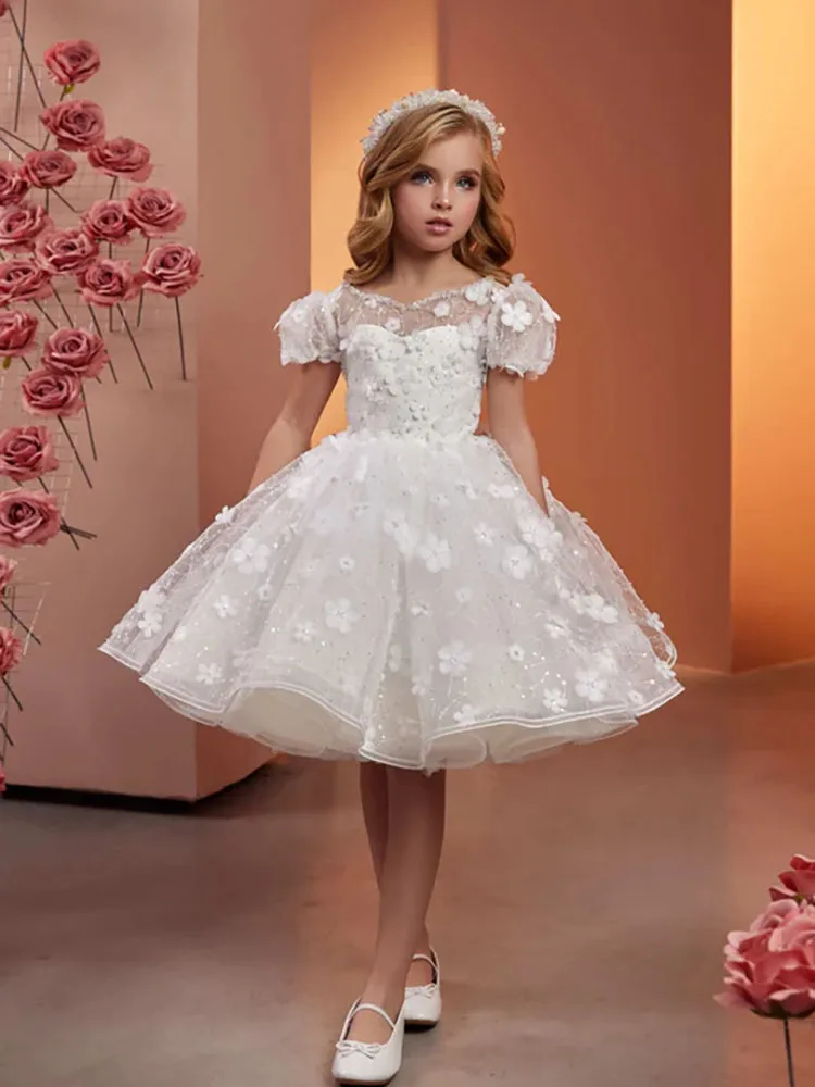 

Ivory Lace appliques Flower Girl dress lovely luxury tulle puff sleeve Short dresses bespoke occasion birthday party prom gown