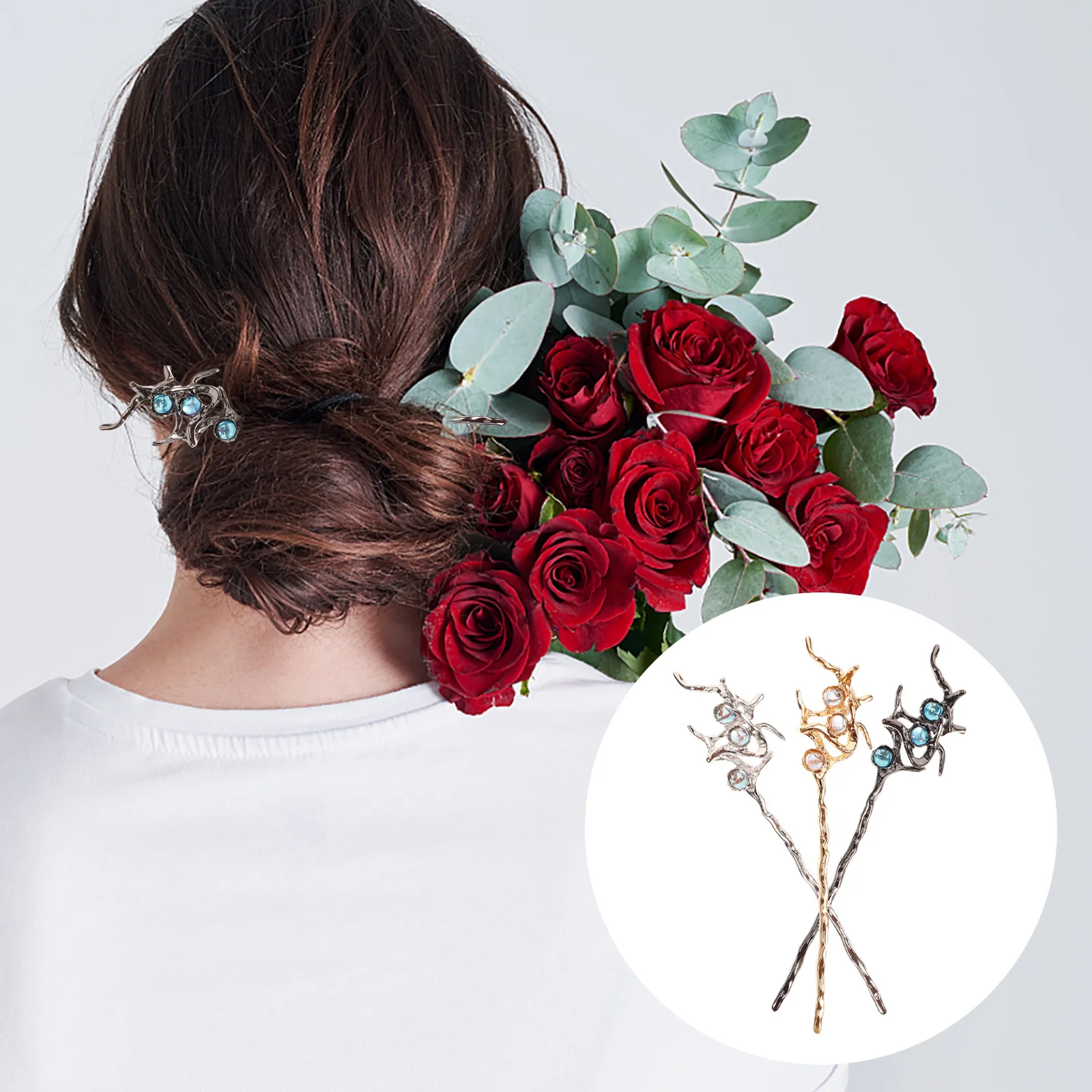 

3Pcs Hair Styling Accessories for Women Metal Hair Chopsticks with Gemstones Elegant Bun Sticks for Special Occasions