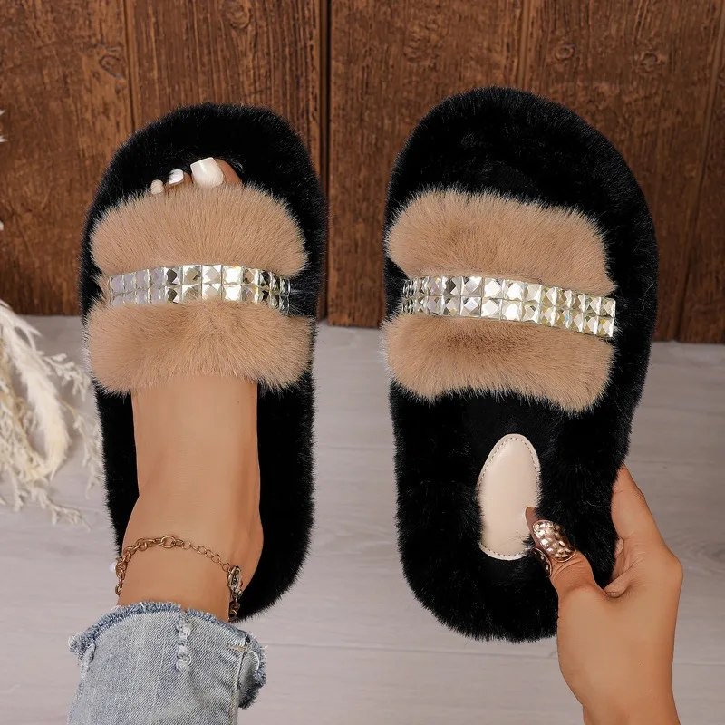 Winter Fashion Rhinestone Decor House Women's Cotton Slippers 2026 New Simple Style Open Toe Non Slip Casual Warm Women Shoes
