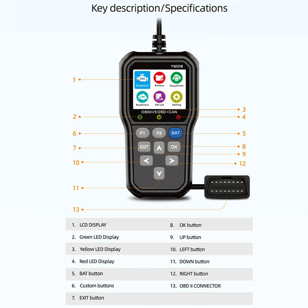 Scanner Battery Tester Diagnostic Tool, Enhenced IPS Color Screen Car Code Reader CAN Engine Check Clear Fault Light