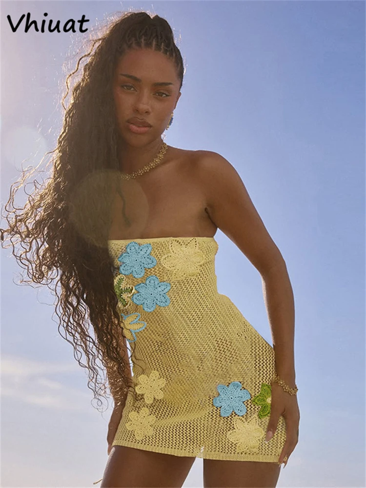 Vhiuat Abito da donna corto con ricamo senza schienale lavorato a maglia all'uncinetto con fiori colorati Abito da vacanza senza maniche con taglio sulla spiaggia