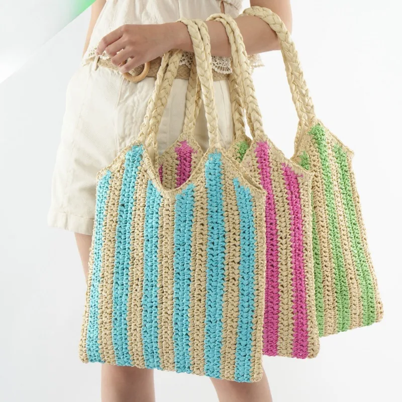 

2024 Simple Striped Paper Weaving Bag for Women Large Capacity Tote Bag Summer Hand-woven Beach Holiday Handbag Bohemia Female